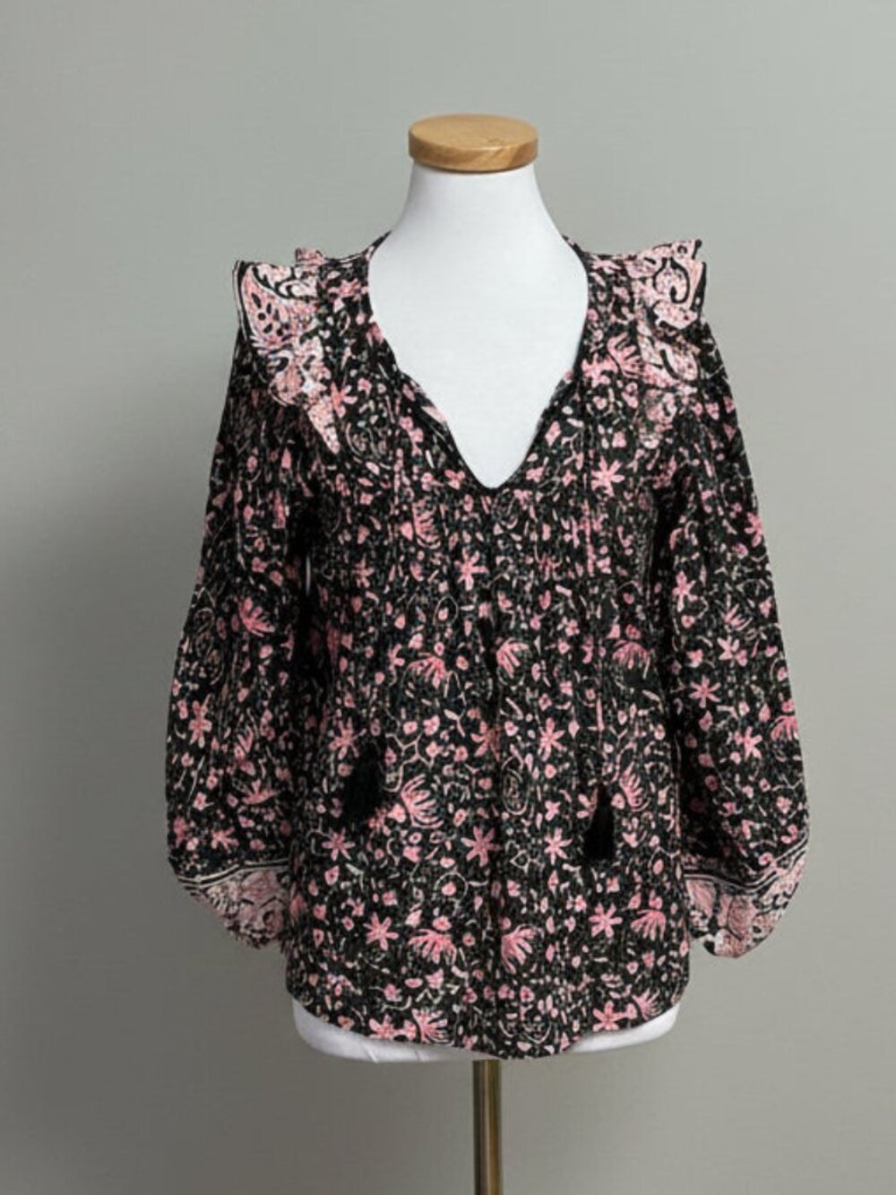 Cleobella black, pink, and metallic floral Brynlee blouse, size XS